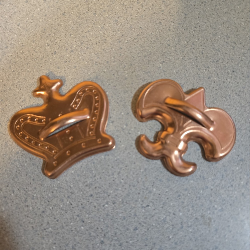 Vintage Mirro copper aluminum crown and fleur-de-lis cookie cutters, Mardi Gras